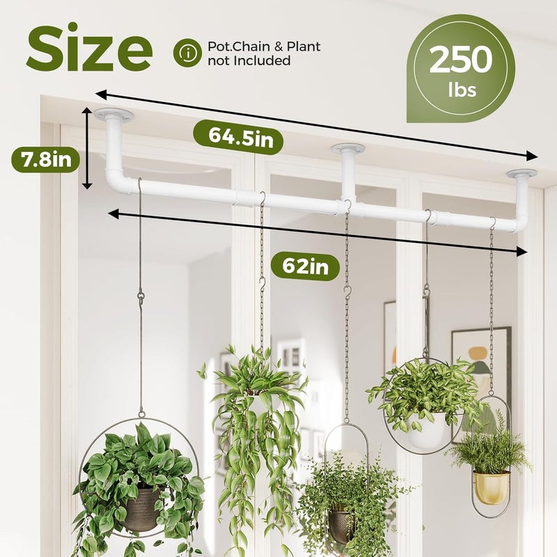 Bamworld Window Plant Hanger Indoor 63in Hanging Planters for Indoor Plants Hanging Plants Holder Hanging Rod Window Plant Shelves Wall Planters Pot/Chain/Plant Not Included (White) - Image 2